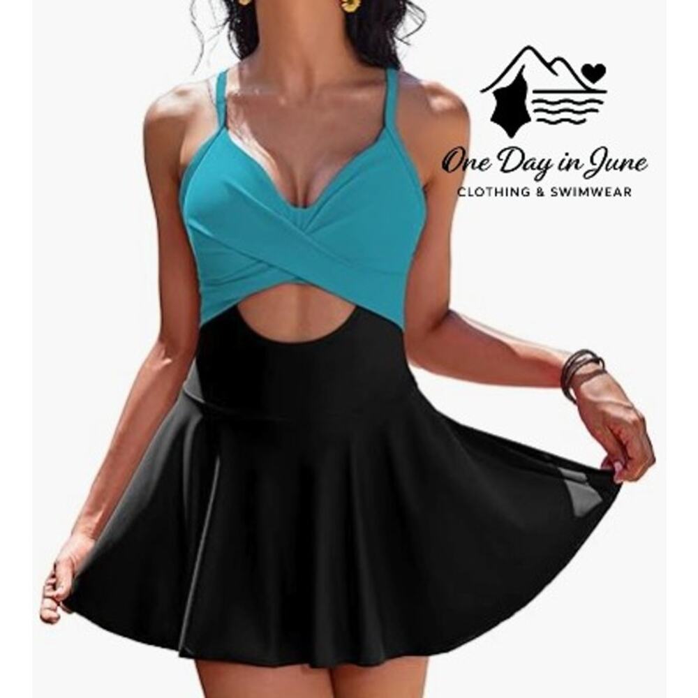 Aimage Cross Front Cut Out Swimdress Swimsuit Size M